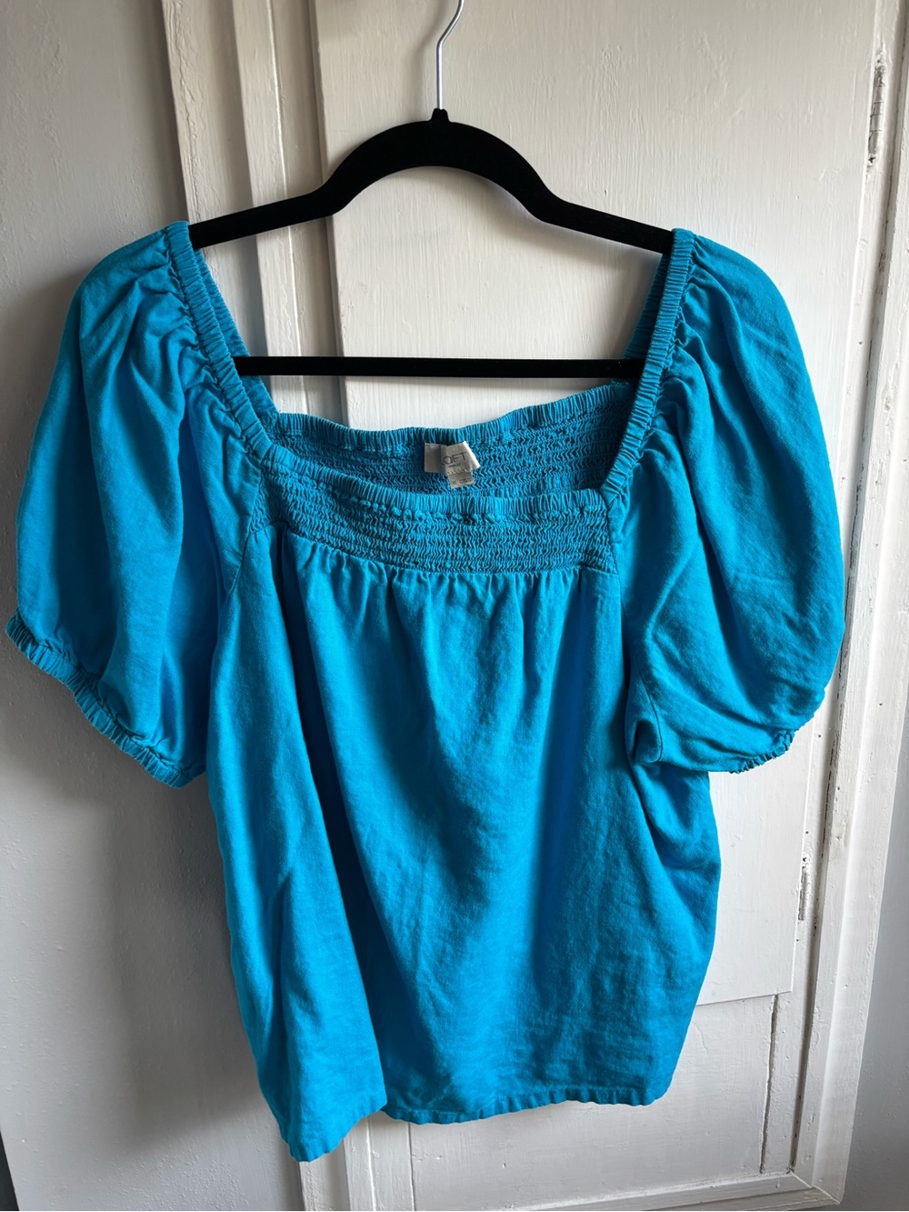 LOFT Bright Turquoise Square-Neck Linen Blend Puff Sleeve Top